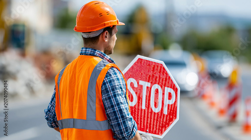 Faceless traffic control worker in orange reflective safety vest with temporary stop sign managing traffic in road work construction zone, traffic safety concept, road work