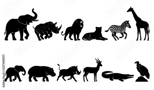 Photography African Wildlife Silhouette Vector Set Featuring Elephant Lion Rhinoceros and Sa