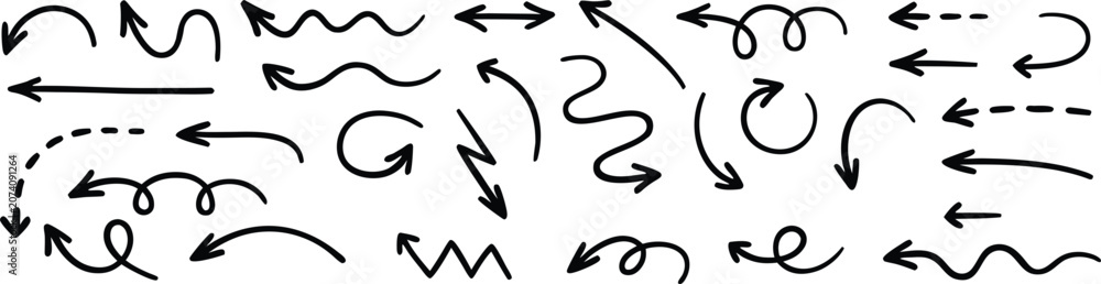 Fototapeta premium Hand drawn arrow doodle collection with sketch directional symbols. Curved and straight pointer set for navigation, and annotation design. Clean vector illustration.