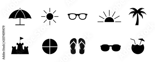 Summer Vacation Beach Line Icons Set, Beach Umbrella, Sun, Sunglasses, summer, beach, holiday,  Palm Tree and Holiday Vector Collection