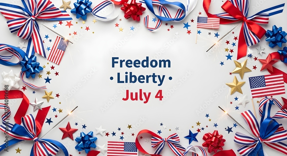 Fototapeta premium Patriotic july 4th celebration with american flags ribbons and stars on white background