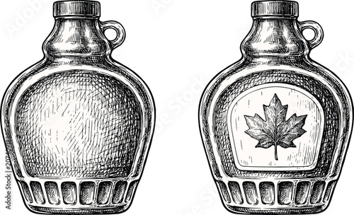 Φωτογραφία Maple syrup bottle vector illustration set with vintage engraved glass jugs maple leaf label details for sweet breakfast food design