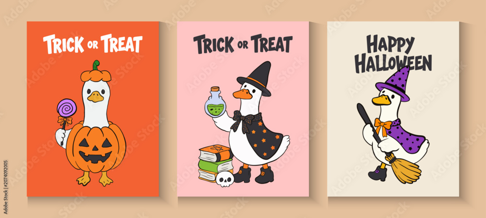 Fototapeta premium Set of trendy minimal Halloween posters with funny goose, pumpkins, bats and modern typography.Cute Spooky Silly Goose Halloween Costume Trick or Treat Hand Drawn collection icon and background