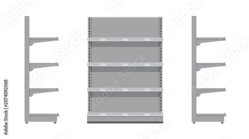 Empty supermarket shelving rack set in gray vector style