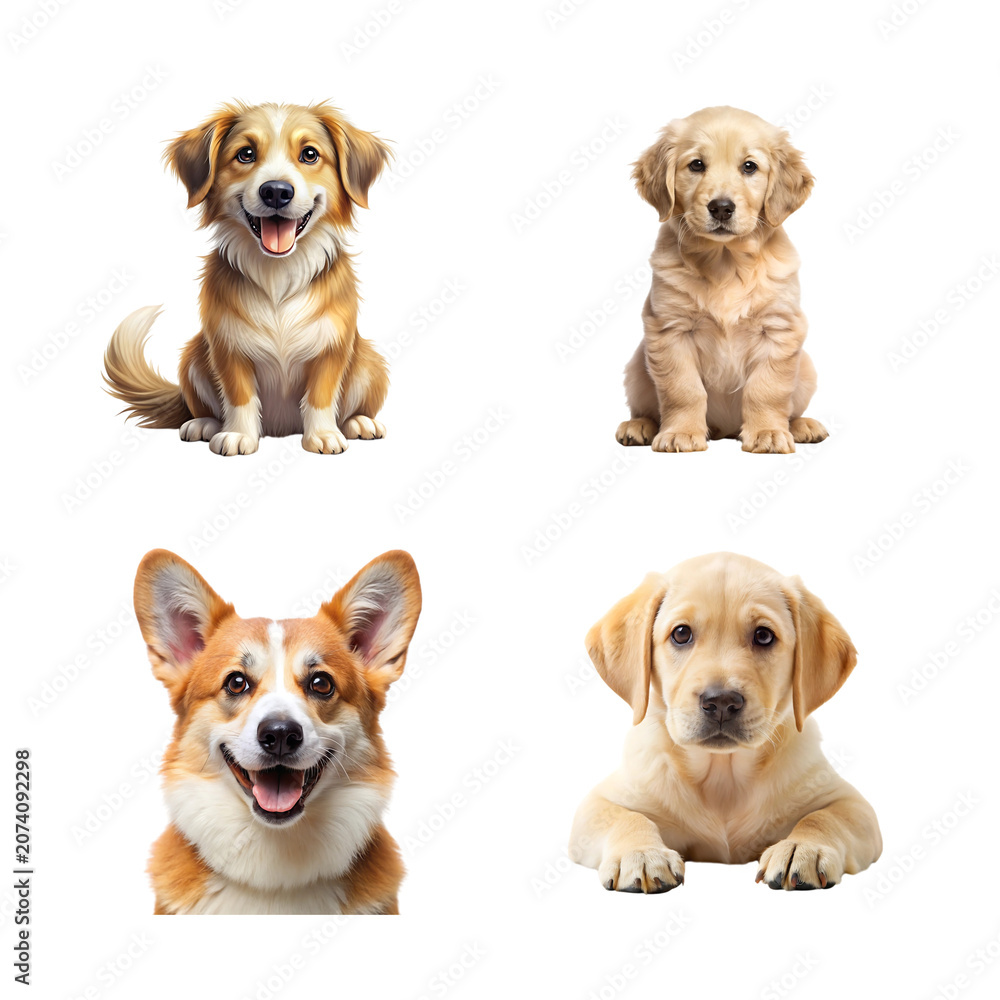 Fototapeta premium Four adorable dogs isolated on transparent background