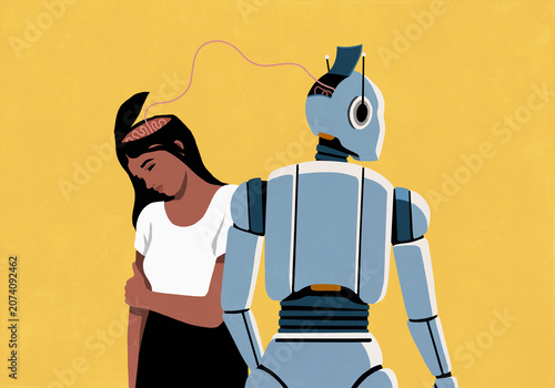 String connecting woman's brain to humanoid robot's head