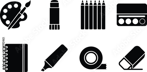 School and art supplies black silhouette icon set isolated on white background for educational or creative design