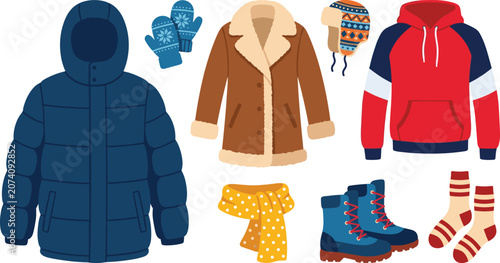 Bild auf Leinwand Winter clothes and warm outerwear flat vector set with puffer jacket shearling c