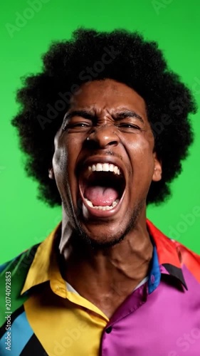 A vibrant high-energy portrait shows a colorful shirted man shouting