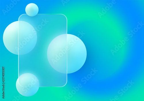Vertical glassmorphism card with spheres on blue green gradient background