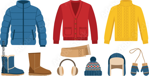 Foto Winter clothes and warm outerwear vector set with puffer jacket cardigan knit sw