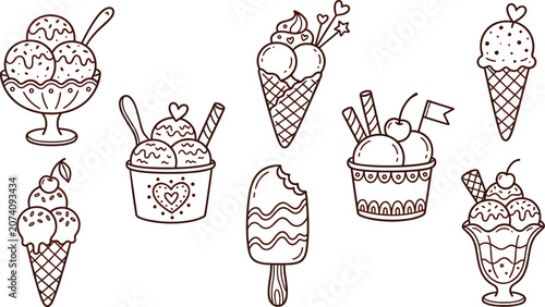 Bild auf Leinwand Cute doodle line art vector ice cream set with waffle cones bowls sundae cups po