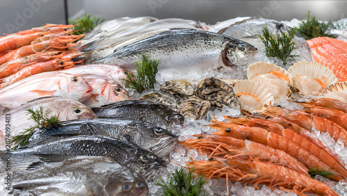 Fresh seafood display with fish, shrimp and salmon on ice