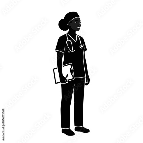Medical professional, female doctor, nurse silhouette, black and white vector, healthcare worker