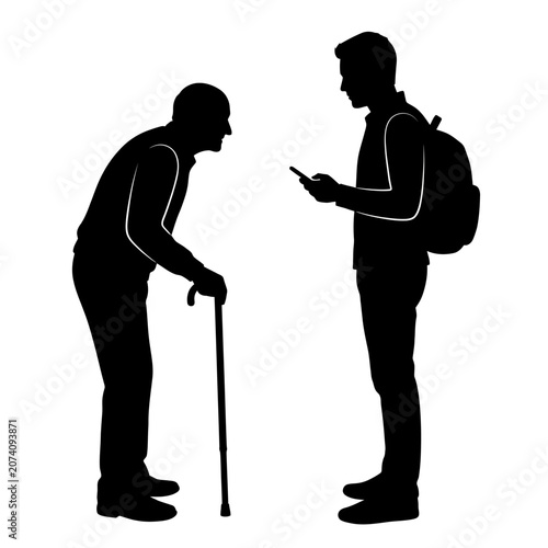 Elderly Man with Cane, Young Man with Backpack and Smartphone, Silhouette Illustration, Black Vector Icons, People, Communication