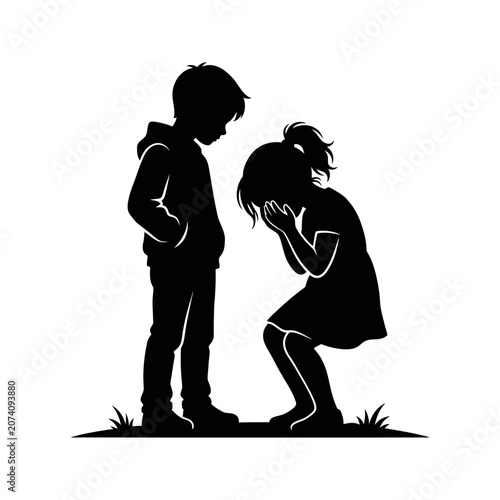 Black silhouette children, kids crying, boy comforting, emotional scene, vector illustration