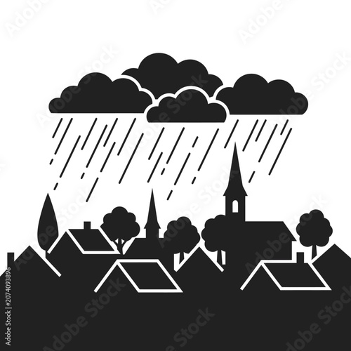 Rainy town, village silhouette, cloudy weather, black vector icons