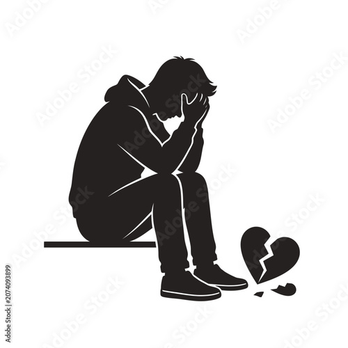Sad man sitting with broken heart, depression, sadness, heartbreak, vector illustration