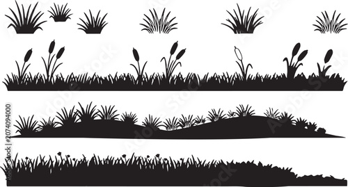 Tableau sur toile Vector grass silhouettes, various lawn and cattail illustrations, black grassy l