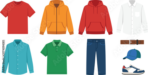 Foto Flat vector men casual clothing icon set with t-shirt hoodie sweatshirt button s