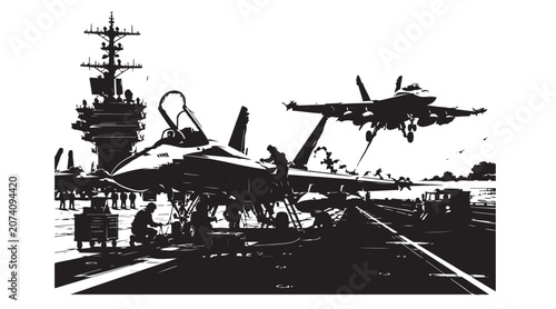 Fotografía Fighter Jets on Aircraft Carrier Flight Deck Naval Aviation Illustration
