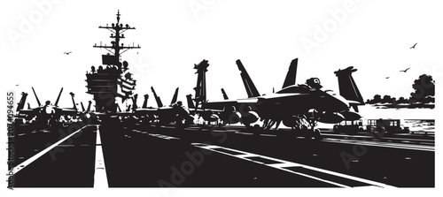 Quadro su tela Fighter Jets on Aircraft Carrier Flight Deck Naval Aviation Illustration