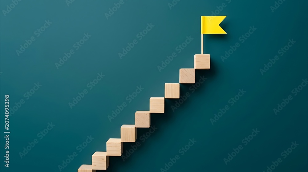 Fototapeta premium Staircase made of wooden cubes with a small yellow flag at the top representing success achievement and goal setting, achievement