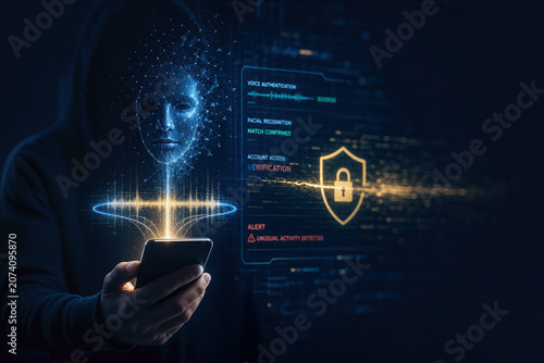 Synthetic identity fraud telebanking scene with faceless customer holding smartphone holographic facial scan voice waveform deceptive mask biometric impersonation and verification bypass