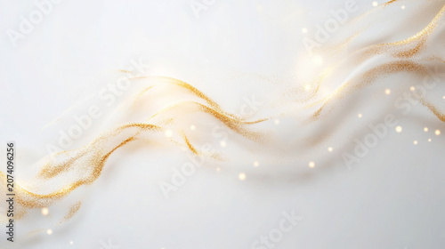 Abstract white luxury background with flowing golden glitter waves, soft luminous motion, and elegant airy depth for premium branding. Generative AI