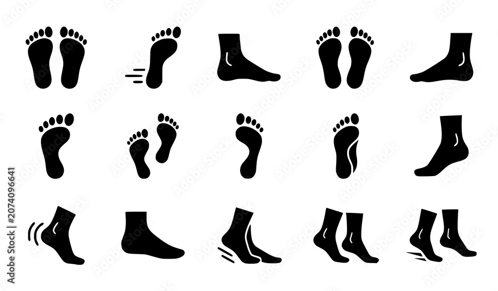 Obraz premium Black Footprint and Human Foot Silhouette Icons with Barefoot Walking and Sock Symbols Vector Set