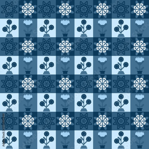 Seamless matrix grid pattern, pixel art style, embroidery texture, geometric line art, 