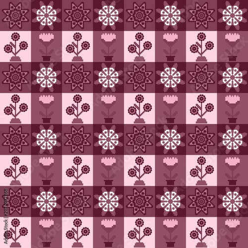 Seamless matrix grid pattern, pixel art style, embroidery texture, geometric line art, 