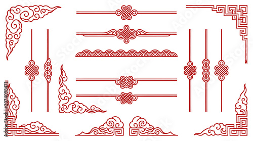 Red ornamental border and knot line elements set