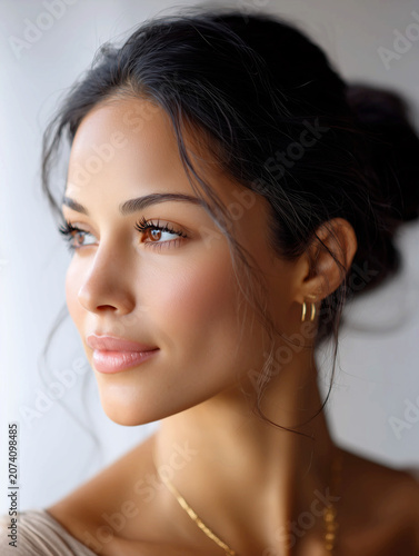 Beauty portrait of a beautiful young adult Latina woman with flawless glowing skin, natural makeup. AI generated