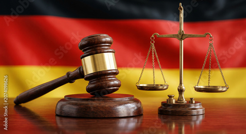 German Law Concept with Judge Gavel and Scales of Justice on Flag Background