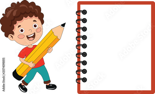 Cartoon boy holding giant pencil and spiral notebook for kids education