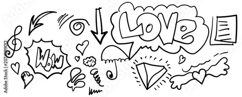 Bild auf Leinwand Black and white doodle illustrations of love and music symbols