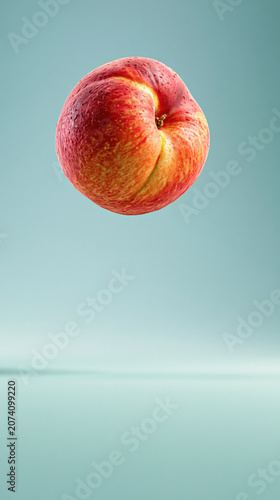Ripe peach floating over a reflective surface
