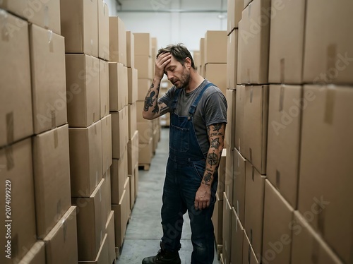 Man walking through modern industrial warehouse corridor.