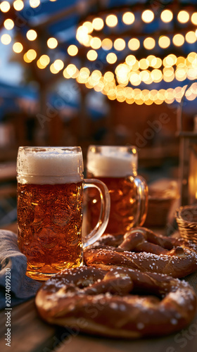 Frothy beer mugs and soft pretzels on a wooden table