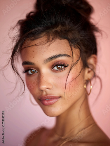 Beauty portrait of a beautiful young young Latina woman with flawless glowing skin, natural makeup. AI generated