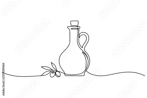 Φωτογραφία Continuous line drawing of a glass olive oil cruet bottle with a small branch of