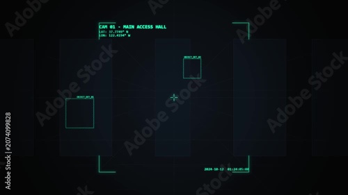 Futuristic Security Camera Interface Tracking Movement in Digital Hall