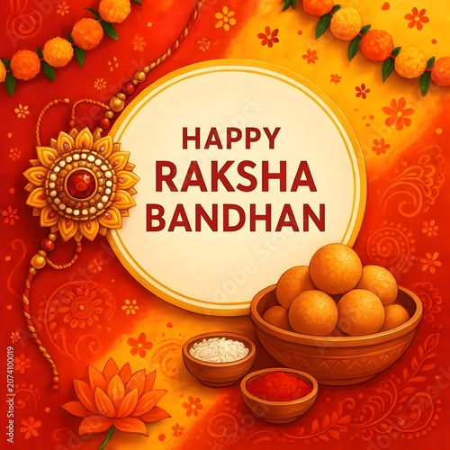 Happy Raksha Bandhan Post and Greeting Card. Indian Culture Rakhi Celebration Background with Text and Rakhi banner, poster. Rakhi background for Indian festival Raksha bandhan celebration