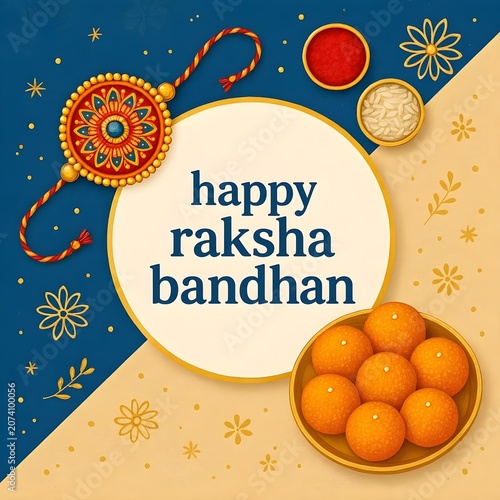 Happy Raksha Bandhan Post and Greeting Card. Indian Culture Rakhi Celebration Background with Text and Rakhi banner, poster. Rakhi background for Indian festival Raksha bandhan celebration