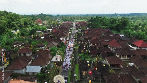 Aerial View of Balinese Hindu Ceremony in Traditional Village, Bali, Indonesia