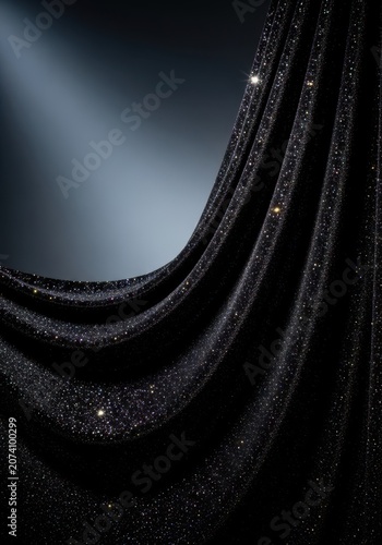 Luxurious black velvet fabric draped dramatically, sparkling with glitter and sequins under moody stage lighting, evoking vintage performance, sequin, dramatic, sparkle