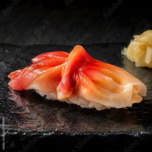 Hokkigai surf clam sushi nigiri on a black stone plate