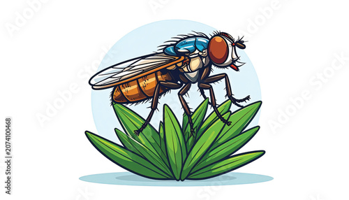 Colorful fly on green leafy plant.