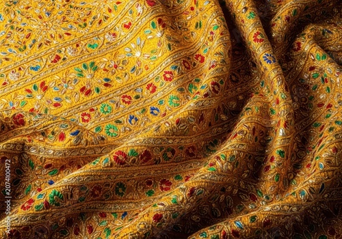 Opulent textile texture of a festive golden drape, showcasing detailed traditional embroidery and rich metallic luster, traditional, embroidery, luxury